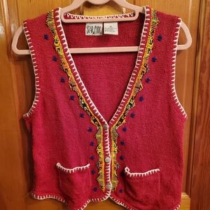 Vintage Red Embroidered Beaded Women's Vest Boho Native American Silk